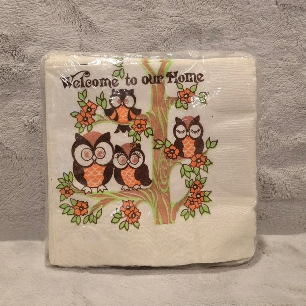 Vintage Graceline Owl Beverage Napkins 30 Count 2-Ply Welcome to our Home NEW